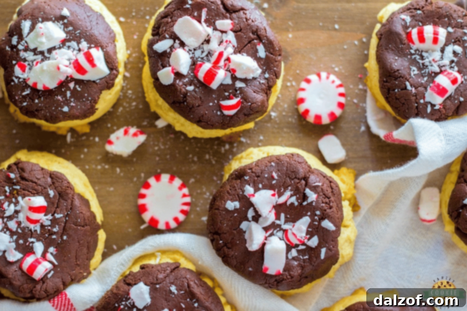 Rich Peppermint Fudge Sugar Cookies, topped with chocolate peppermint fudge and candy canes.