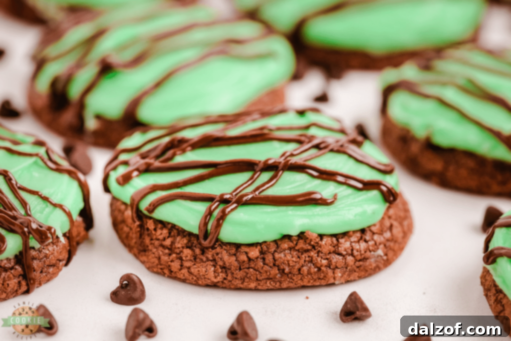 Indulgent Double Chocolate Mint Cookies with a rich brownie base, mint icing, and chocolate drizzle.
