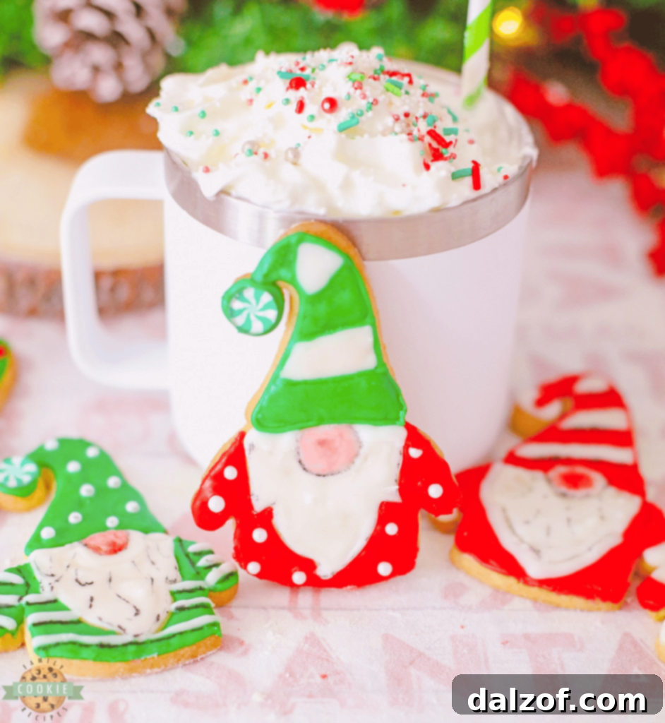 Adorable Iced Gnome Cookies, decorated with intricate icing for a magical touch.