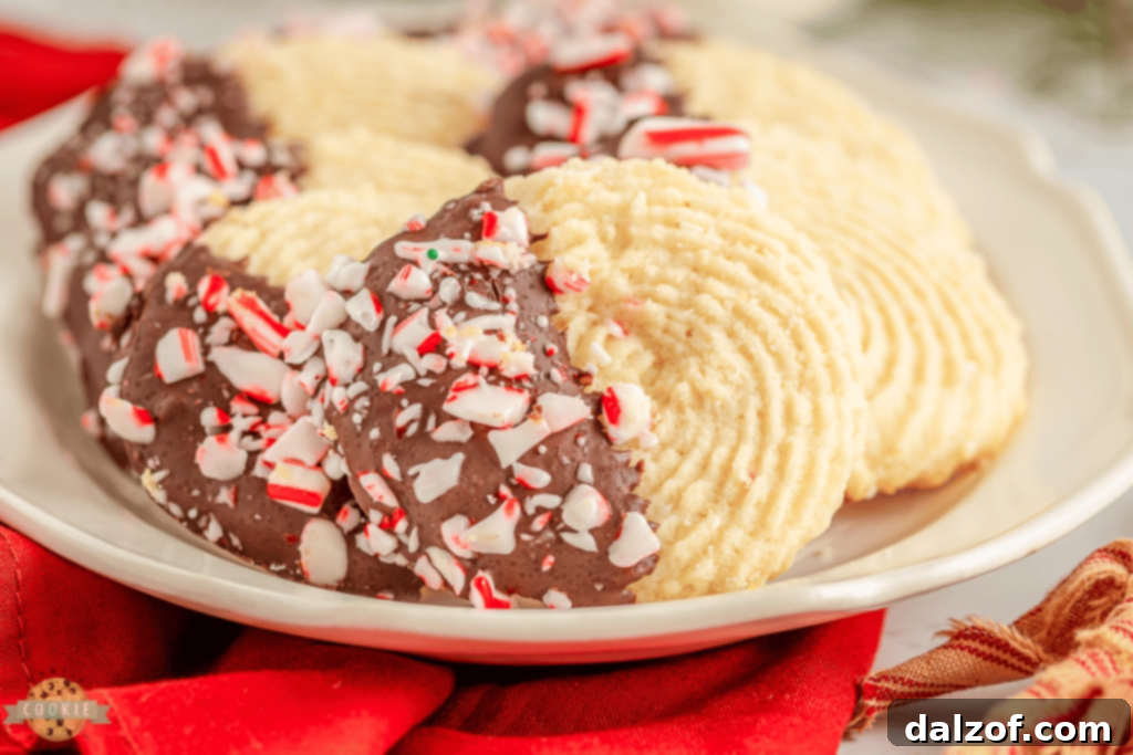 Buttery Peppermint Butter Cookies, dipped in chocolate and sprinkled with peppermint.