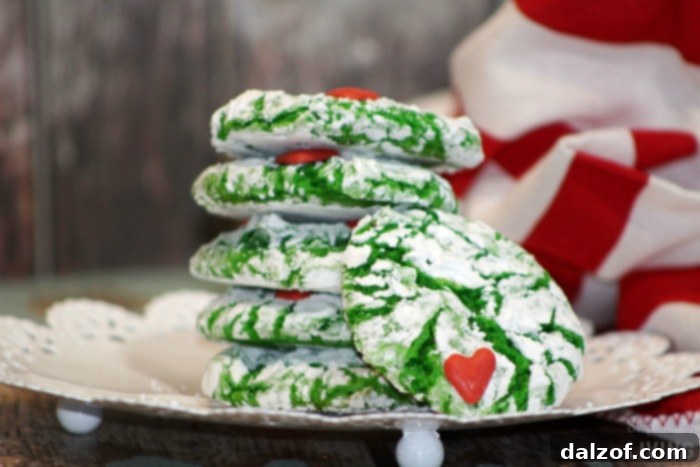 Crinkly, Cranky Grinch Cookies, a fun green and red treat for the holidays.