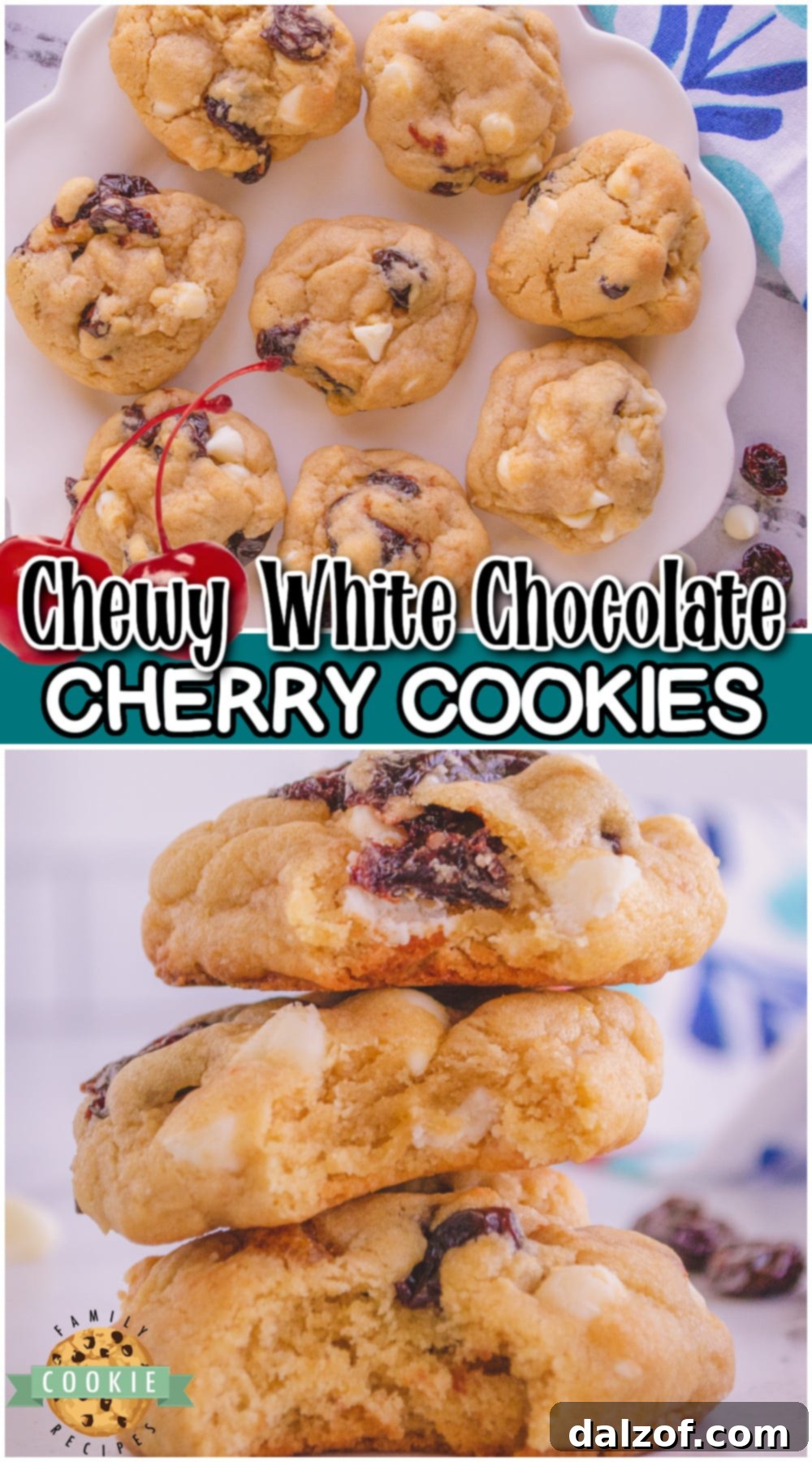 Beautifully arranged White Chocolate Cherry Cookies, emphasizing their sweet, chewy texture and bright cherry flavor, perfect for pinning and sharing.
