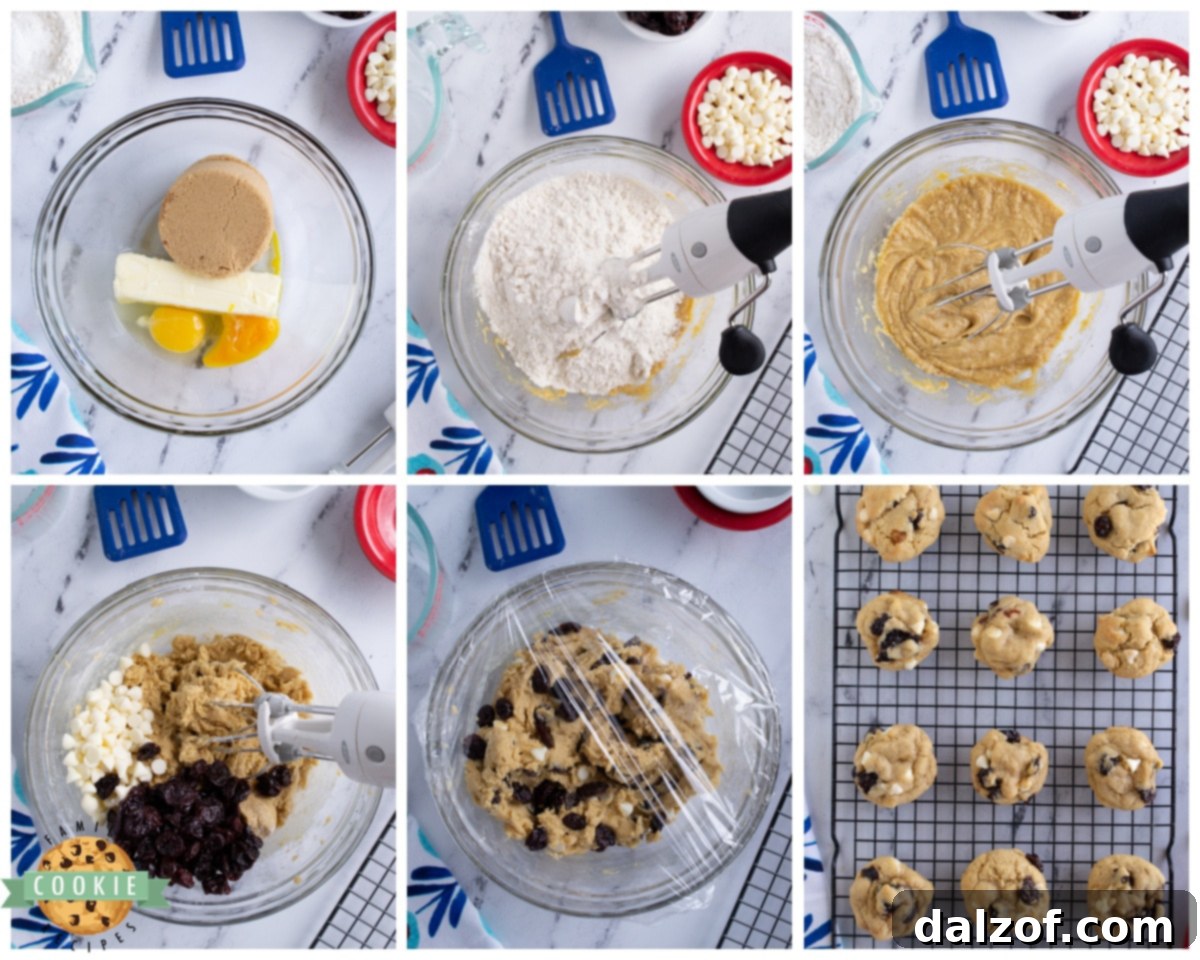 Step-by-step imagery on how to prepare white chocolate cherry cookies, focusing on mixing the dough.