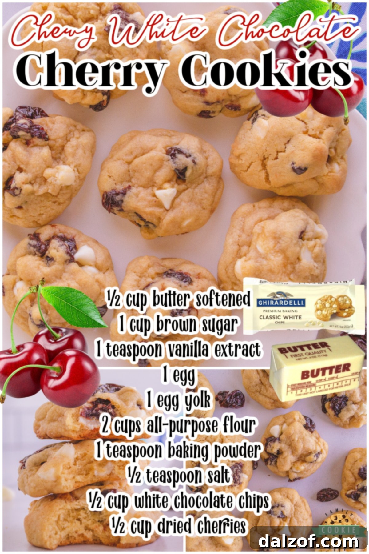 A vibrant collage showing delicious White Chocolate Cherry Cookies, highlighting their sweet and chewy texture and bright cherry flavor. Perfect for any occasion.