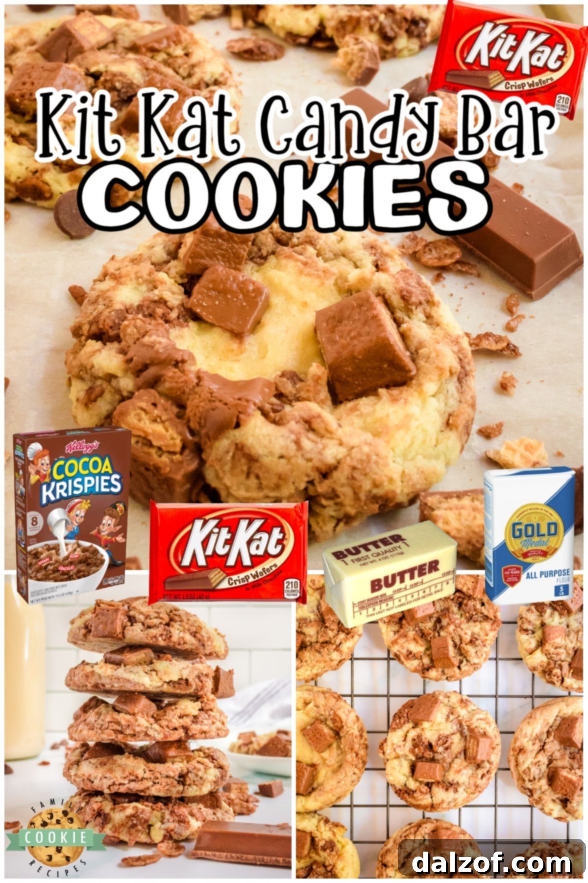 Kit Kat Cookies for anyone who LOVES the chocolatey crisp of Kit Kats! These candy bar cookies are loaded with Kit Kats, chocolate Krispies & chocolate swirl!