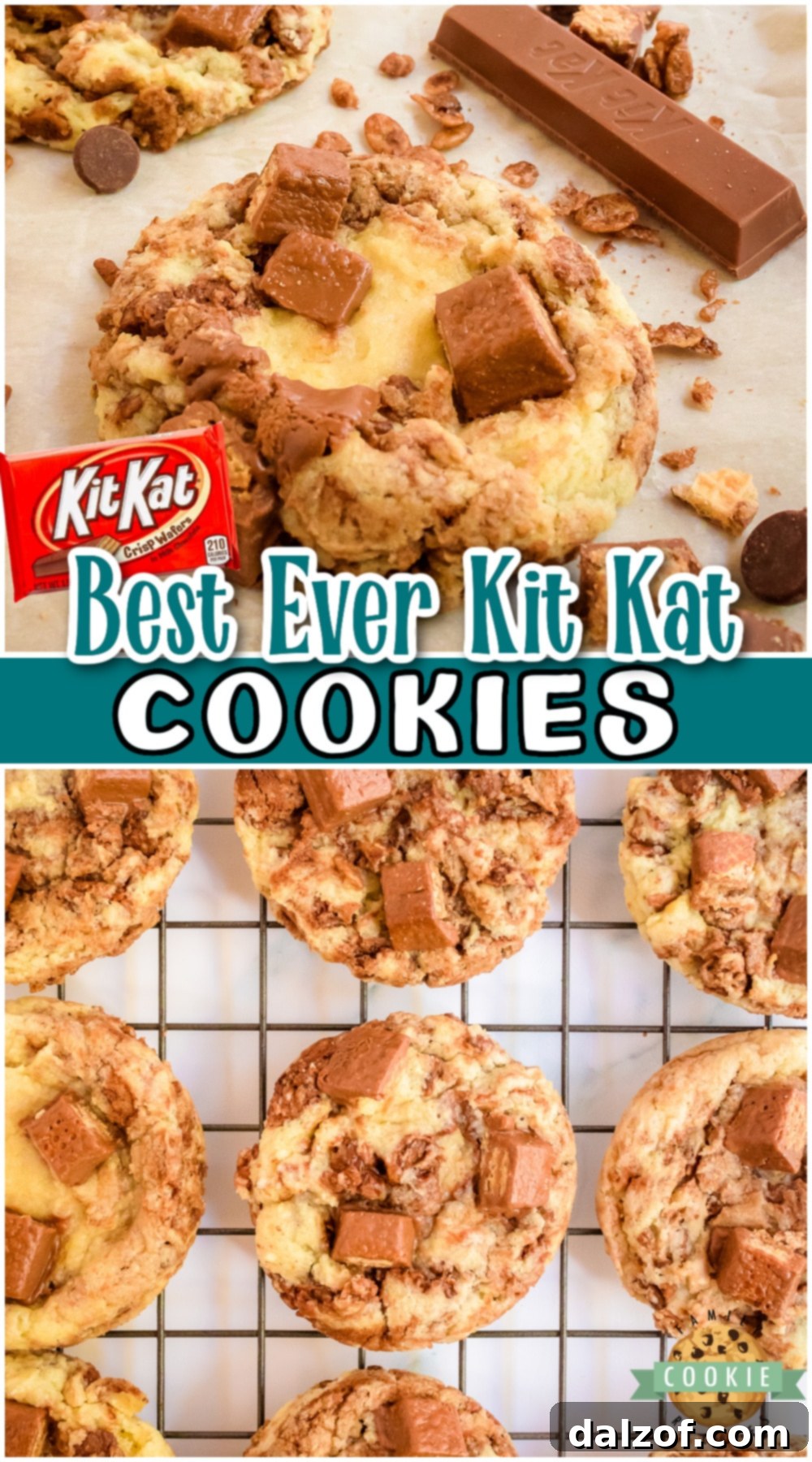 Kit Kat Cookies for anyone who LOVES the chocolatey crisp of Kit Kats! These candy bar cookies are loaded with Kit Kats, chocolate Krispies & chocolate swirl!