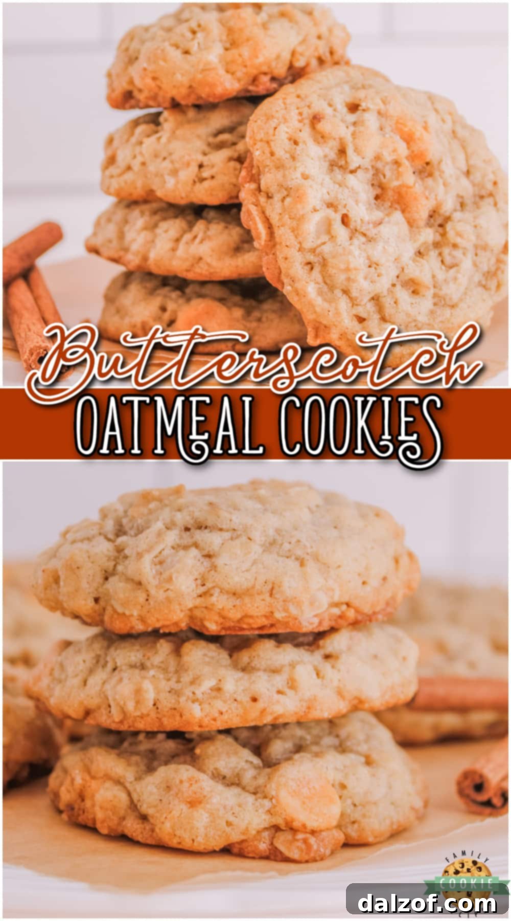 A large, appealing image of Oatmeal Butterscotch Cookies, emphasizing their delicious fall appeal with chewy oats and creamy butterscotch. Perfect for a Pinterest pin.
