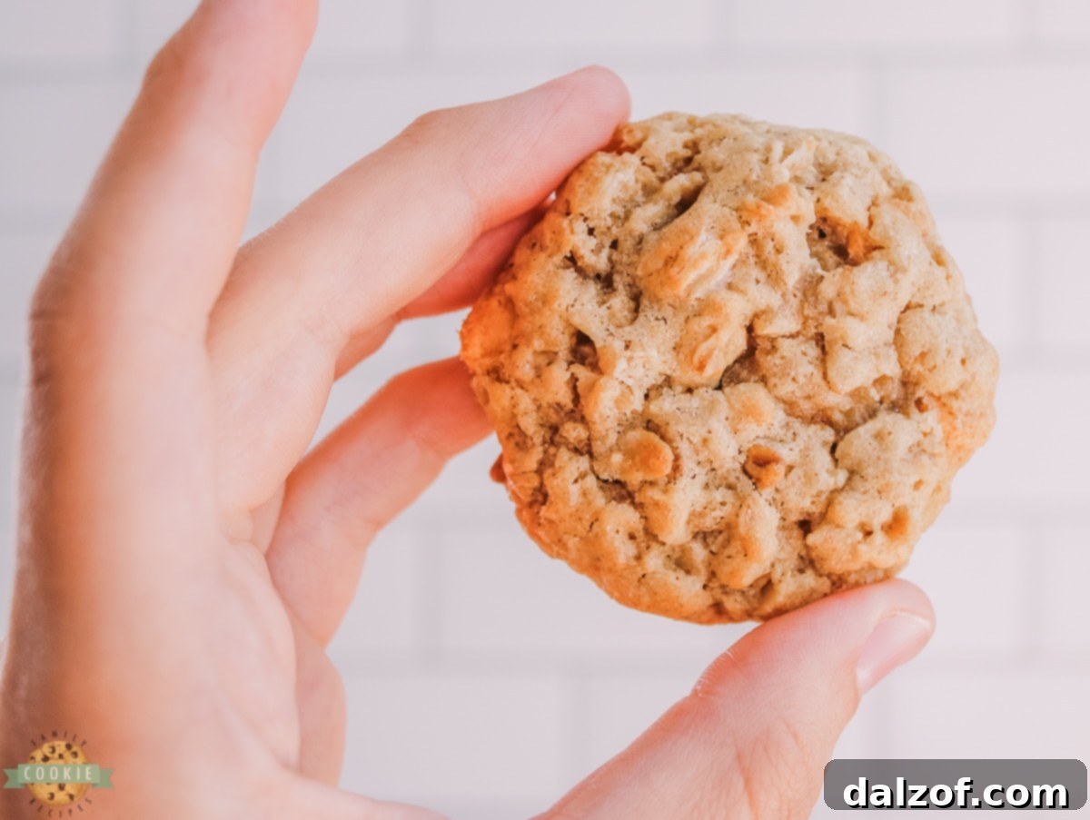 Hand holding a freshly baked oatmeal butterscotch cookie, showcasing its texture