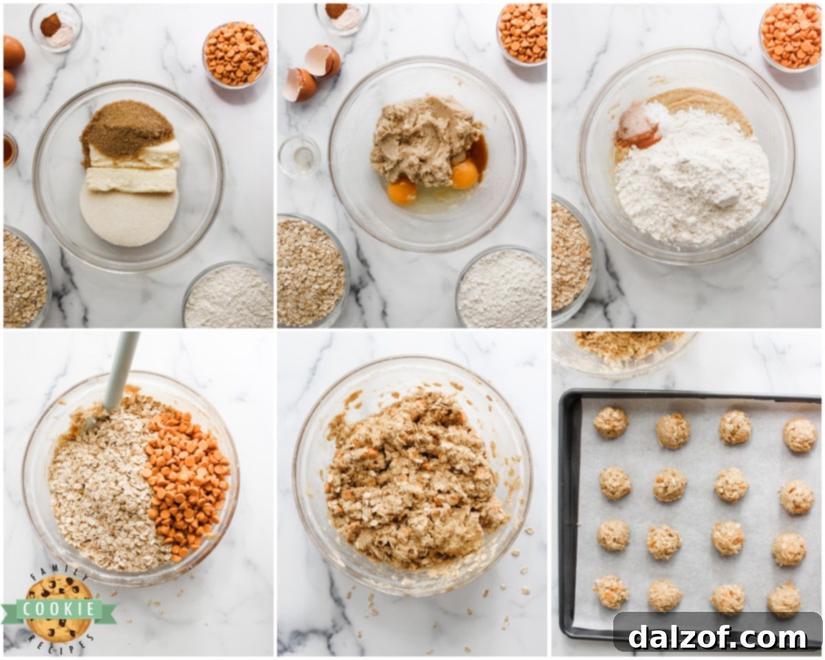 Overhead shot showing ingredients and stages of making oatmeal butterscotch cookies