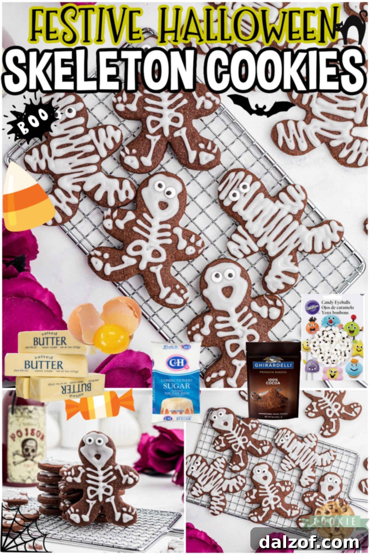 Halloween Skeleton Cookies are festive & fun chocolate sugar cookies decorated in a perfectly creepy way! Simple cut-out skeleton cookies that are fun to make & enjoy!