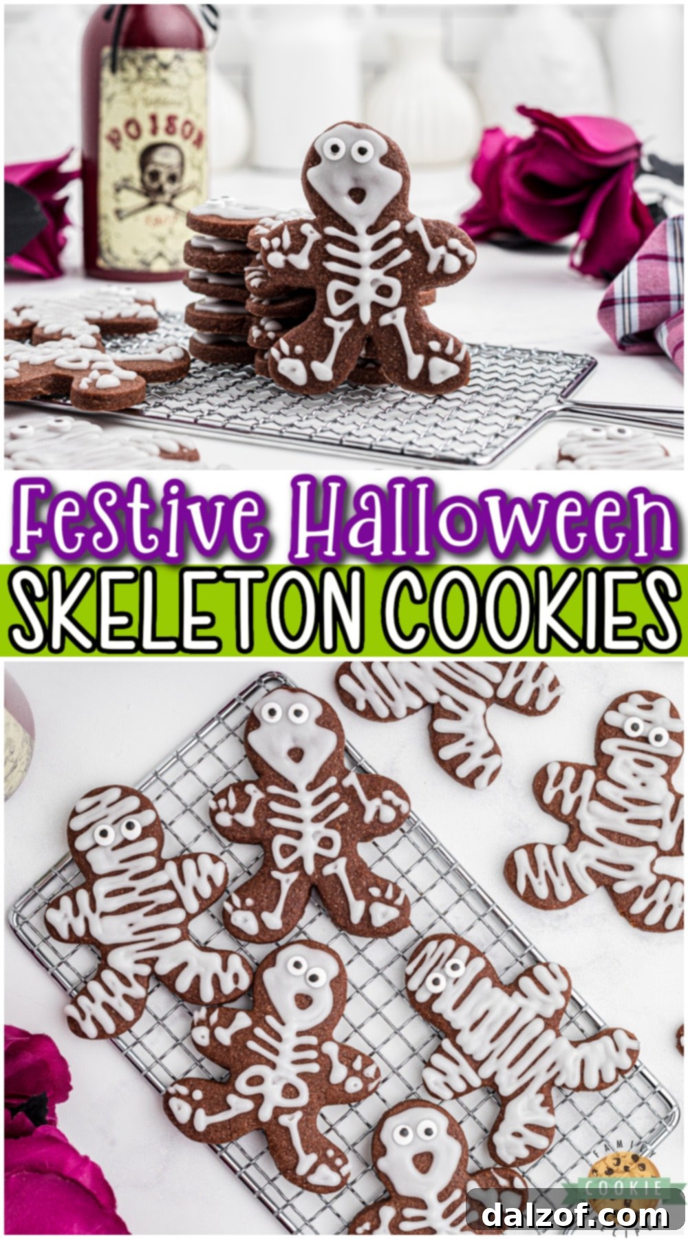 Halloween Skeleton Cookies are festive & fun chocolate sugar cookies decorated in a perfectly creepy way! Simple cut-out skeleton cookies that are fun to make & enjoy!