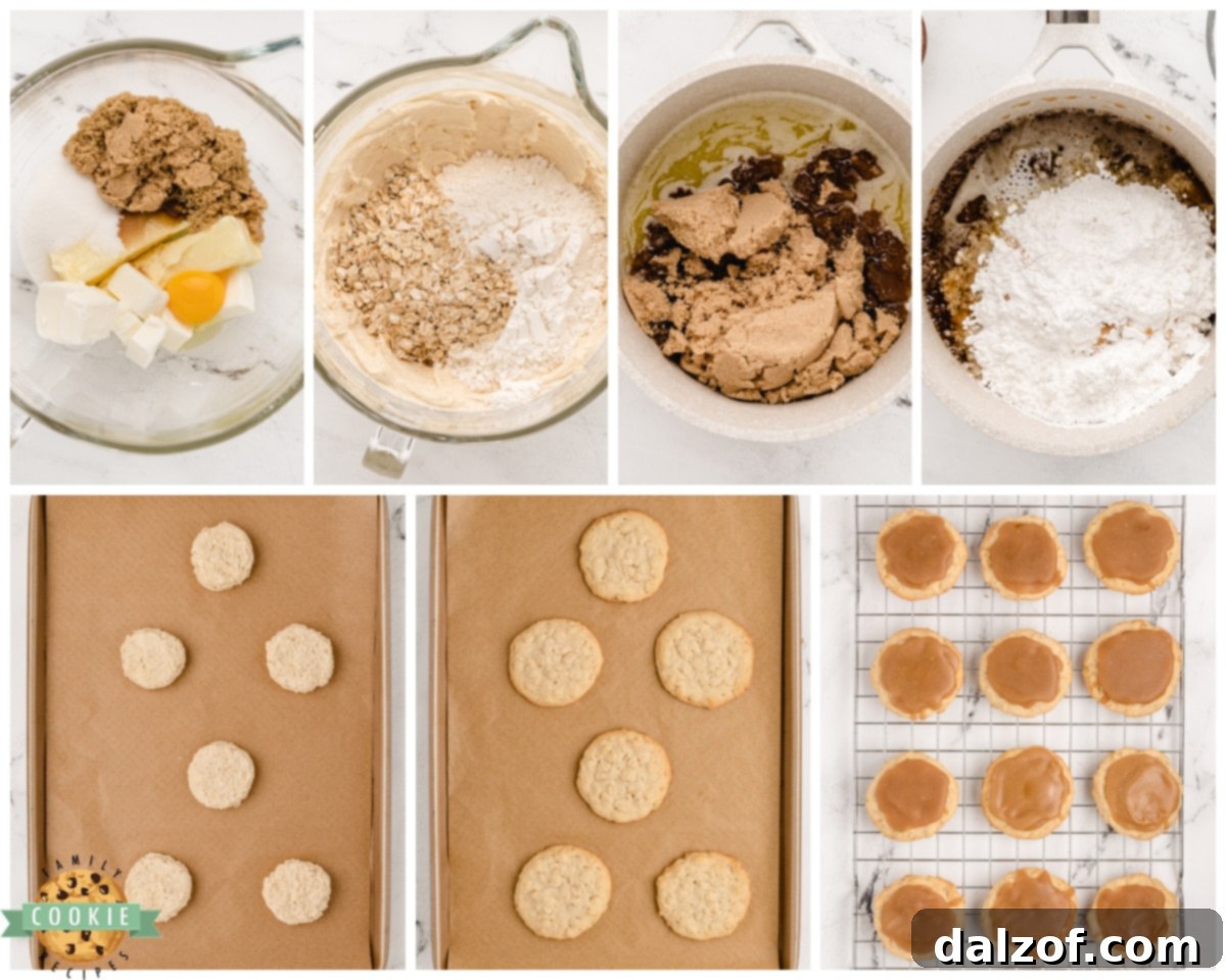 step-by-step image guide on how to make brown sugar oatmeal cookies with icing
