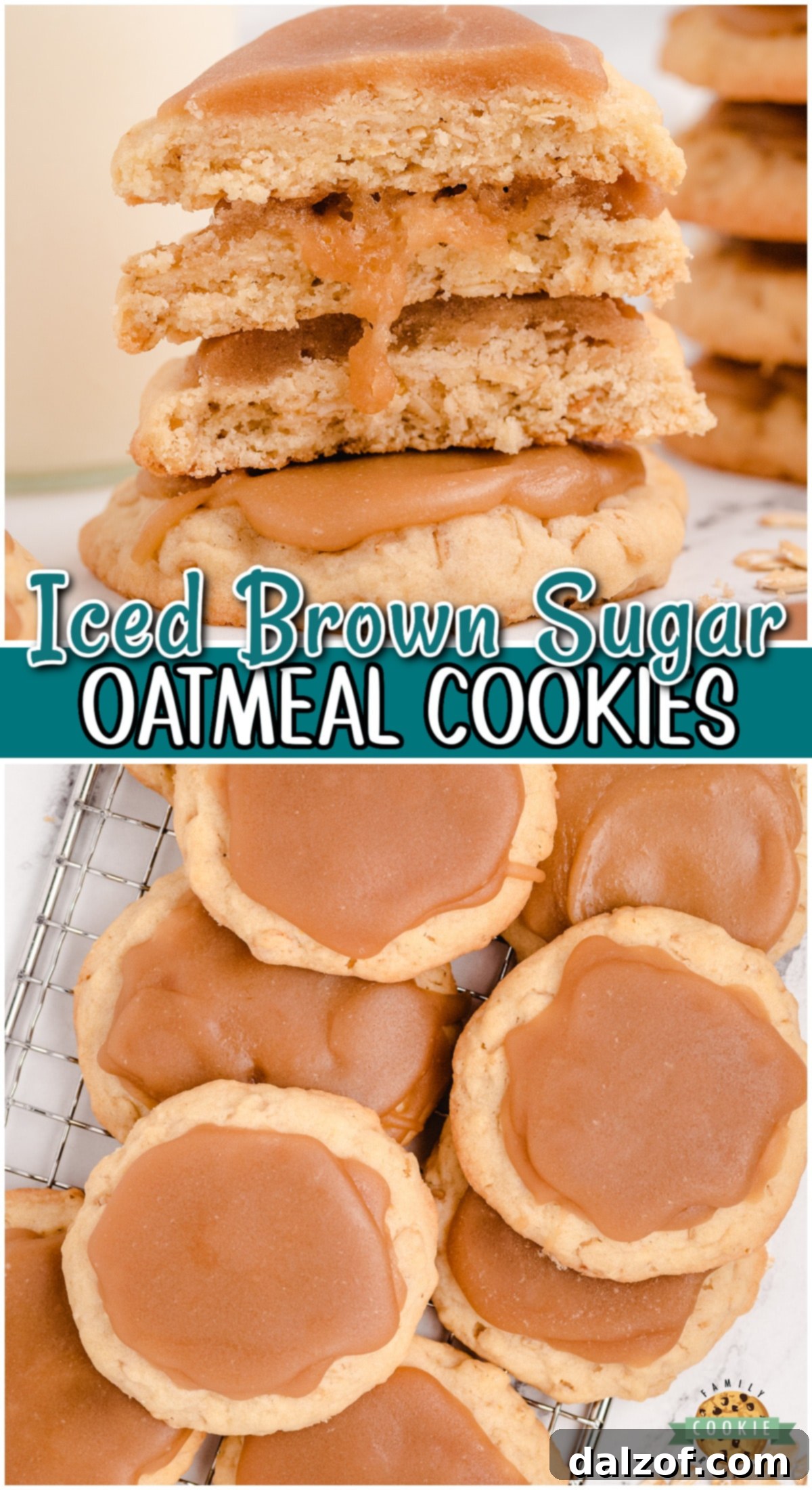 Close-up of iced brown sugar oatmeal cookies, showcasing their chewy texture and sweet frosting