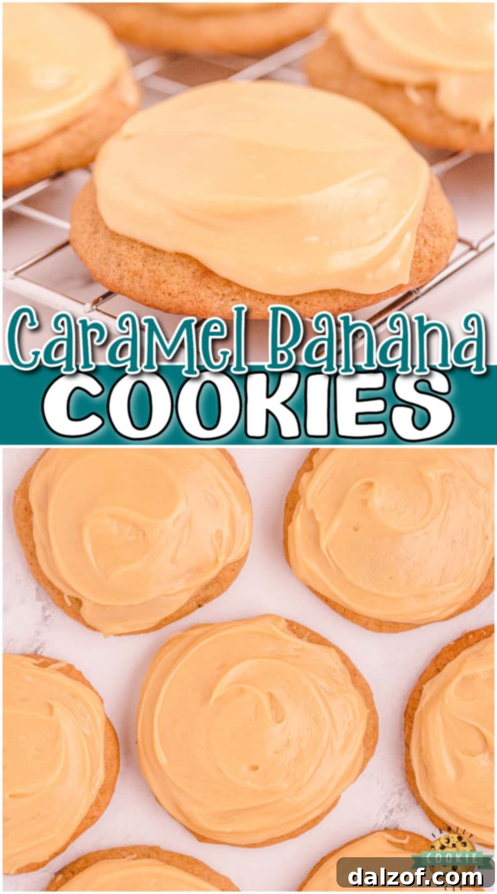 Decadent Caramel Banana Cookies 10 Caramel Banana cookies made with ripe bananas & cinnamon spice, then topped with a warm caramel icing! Banana + Caramel is a fantastic combination in these soft, pillowy cookies!