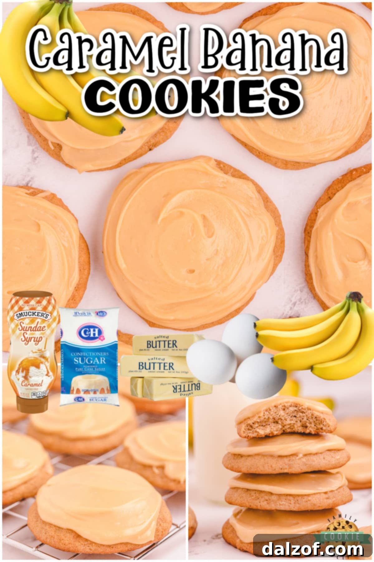 Decadent Caramel Banana Cookies 7 Caramel Banana cookies made with ripe bananas & cinnamon spice, then topped with a warm caramel icing! Banana + Caramel is a fantastic combination in these soft, pillowy cookies!