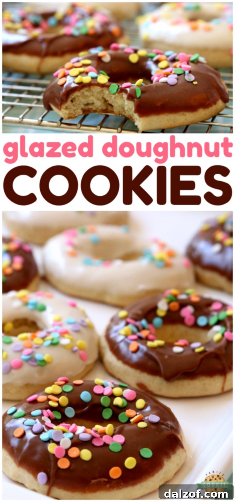 Glazed Donut Cookies are soft & pillowy donut-shaped cookies with a lovely chocolate or vanilla glaze & topped with sprinkles! Everything you love about donuts, only in cookie form! #cookies #donuts #baking #dessert #recipe #cookie from FAMILY COOKIE RECIPES