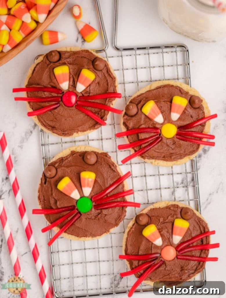 Halloween Scaredy cat cookies on a cooling rack