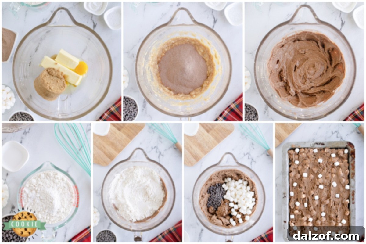 Step-by-step process of mixing ingredients for Hot Cocoa Chocolate Chip Cookie Bars.