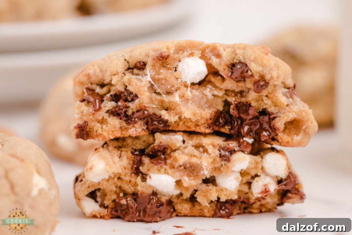 S'mores cookie broken in half with gooey chocolate and melted marshmallow