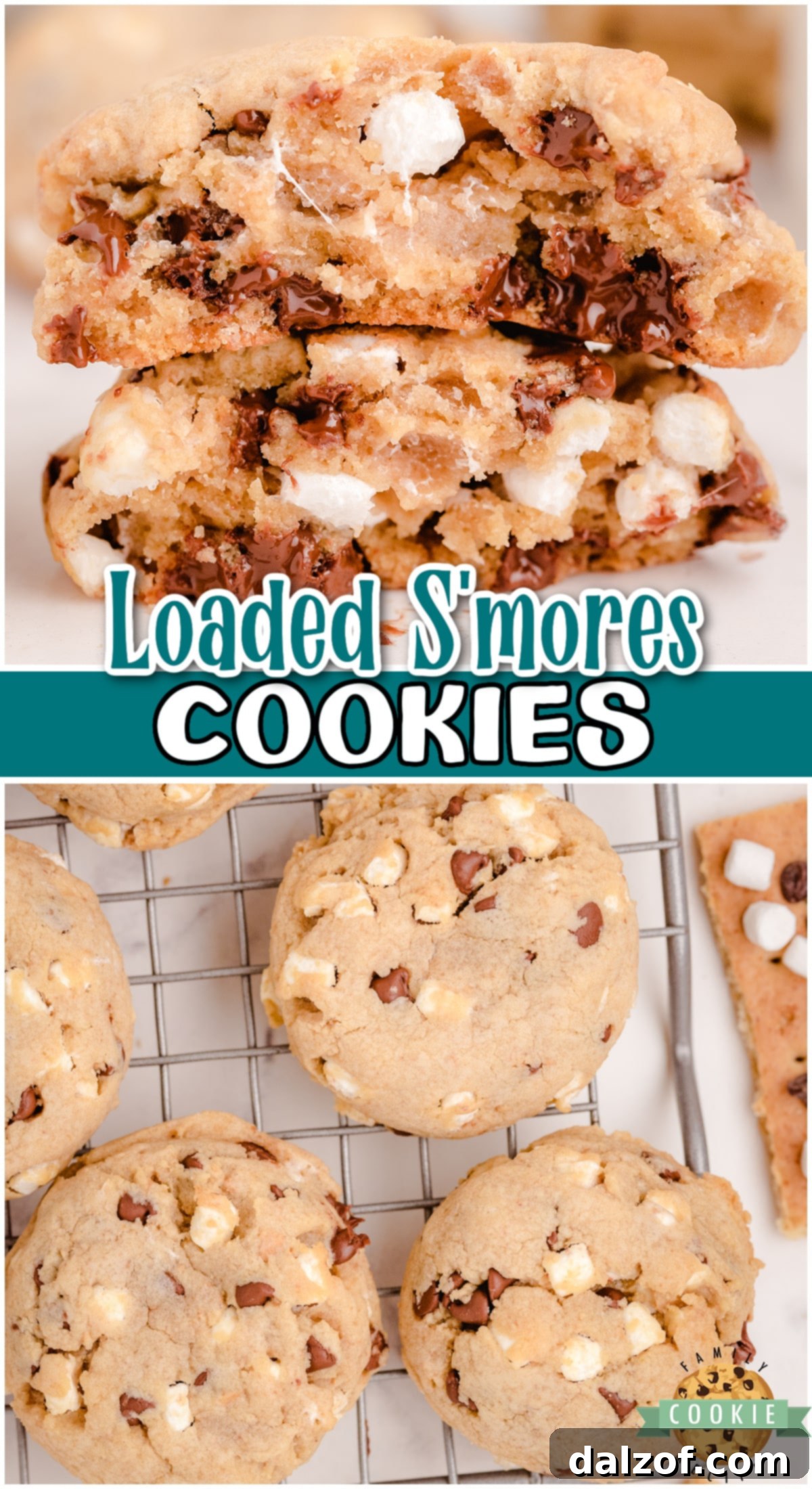 Plate of Smores Chocolate Chip Cookies with melted marshmallow and chocolate