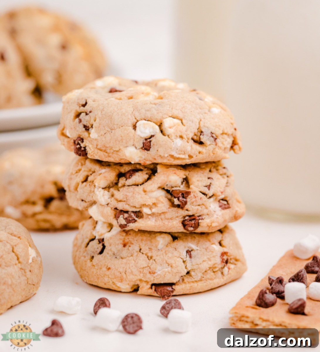 stack of smores chocolate chip cookies showing their soft texture