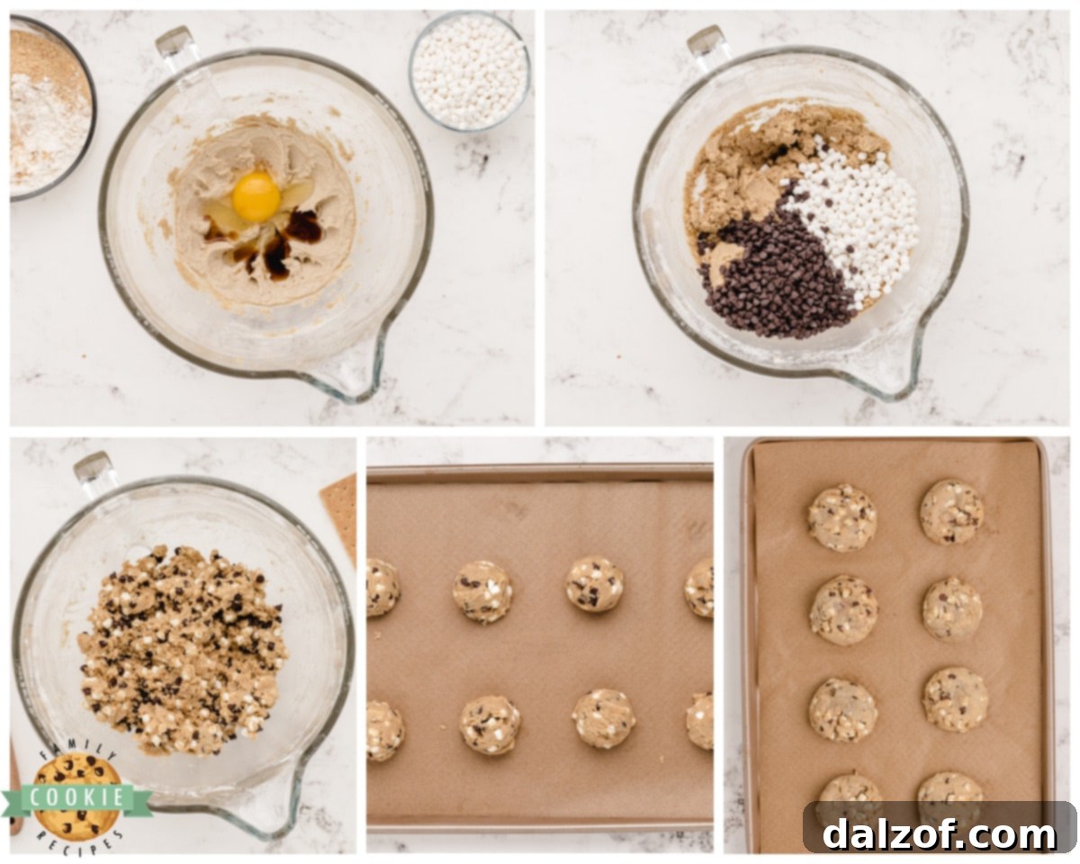 Step-by-step process showing ingredients for loaded s'mores cookies