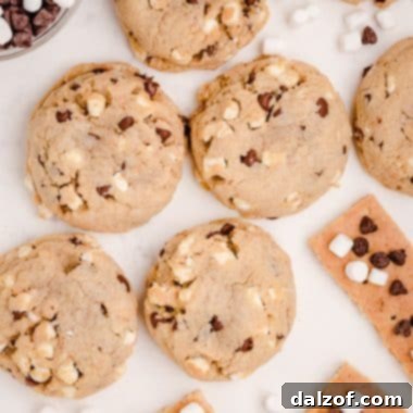 loaded s'mores cookies with chocolate, marshmallow and graham crackers