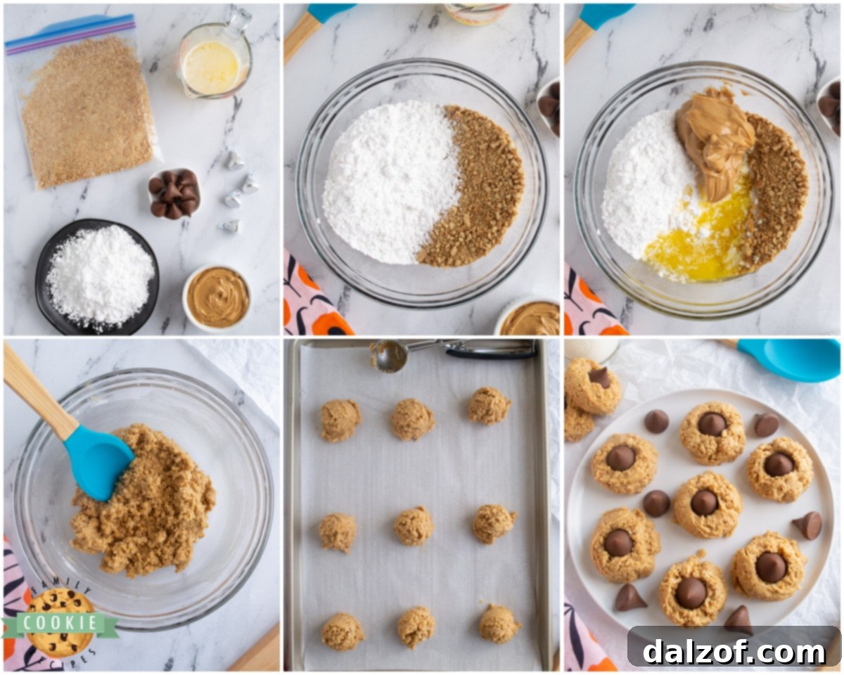 Step-by-step image guide showing how to make no-bake peanut butter blossom cookies at home.