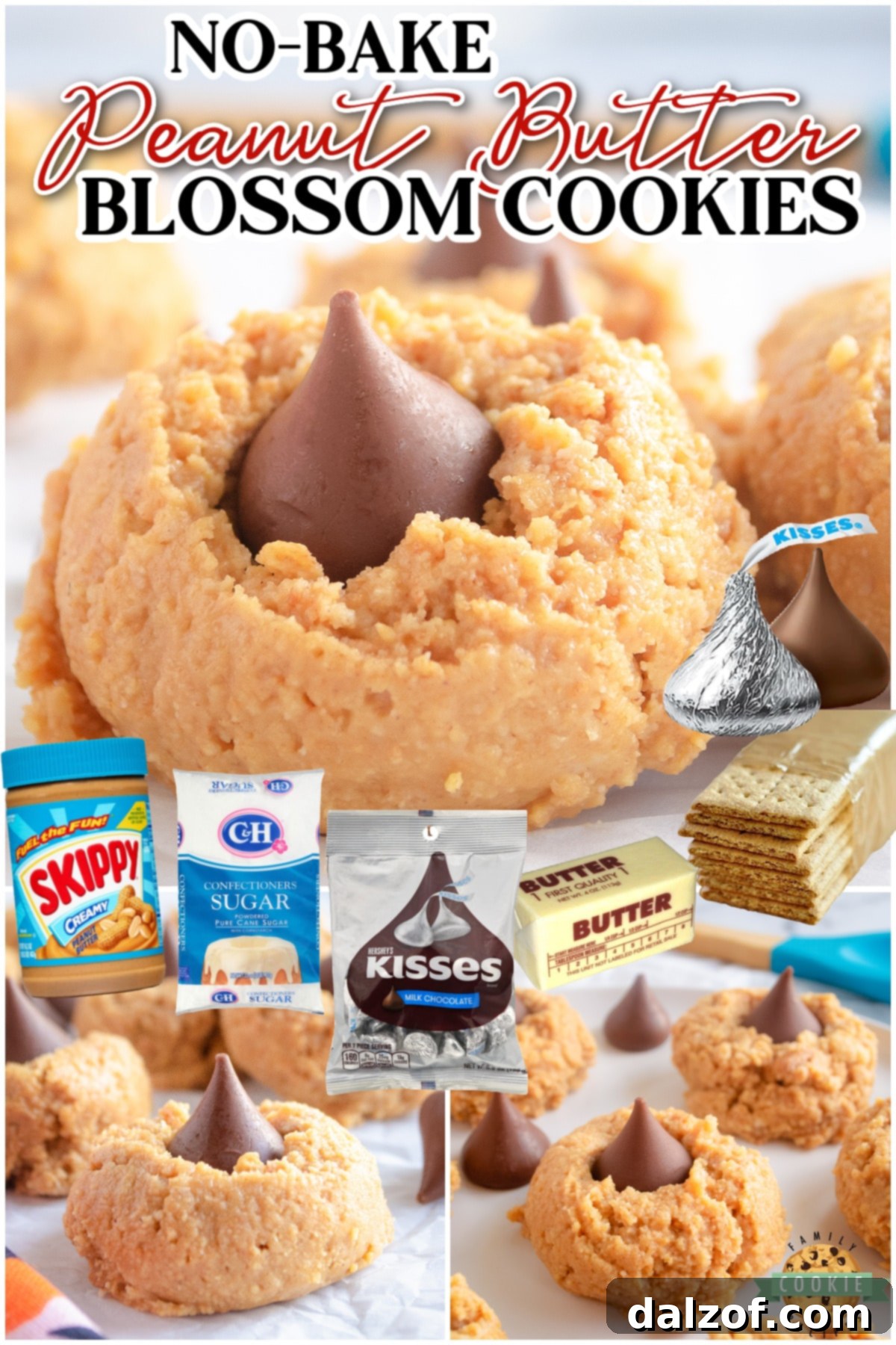 A vibrant collage showing various angles and close-ups of No-Bake Peanut Butter Blossom Cookies, emphasizing their visual appeal.