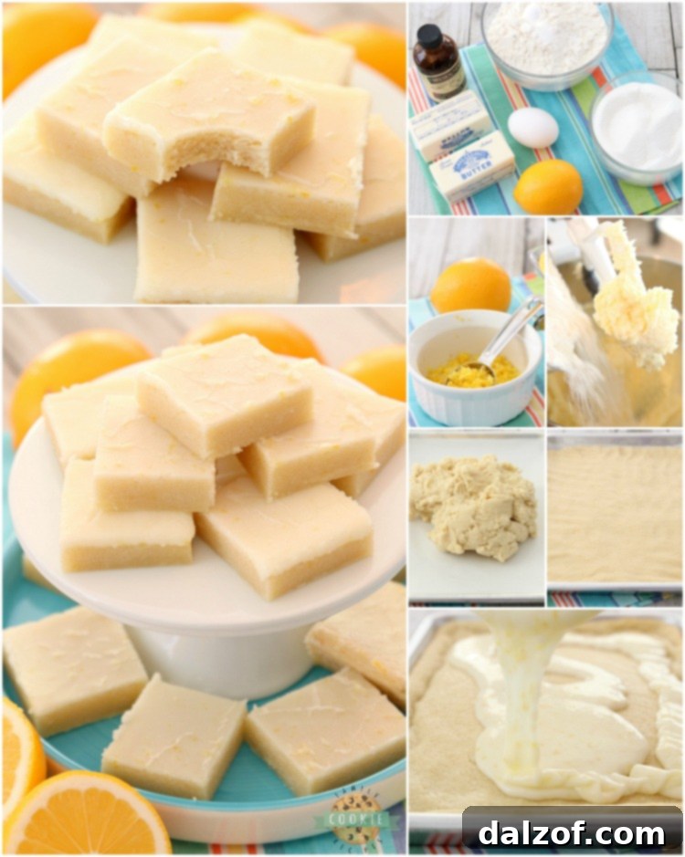 Collage of various stages of making Lemon Sugar Cookie Bars, from ingredients to finished product