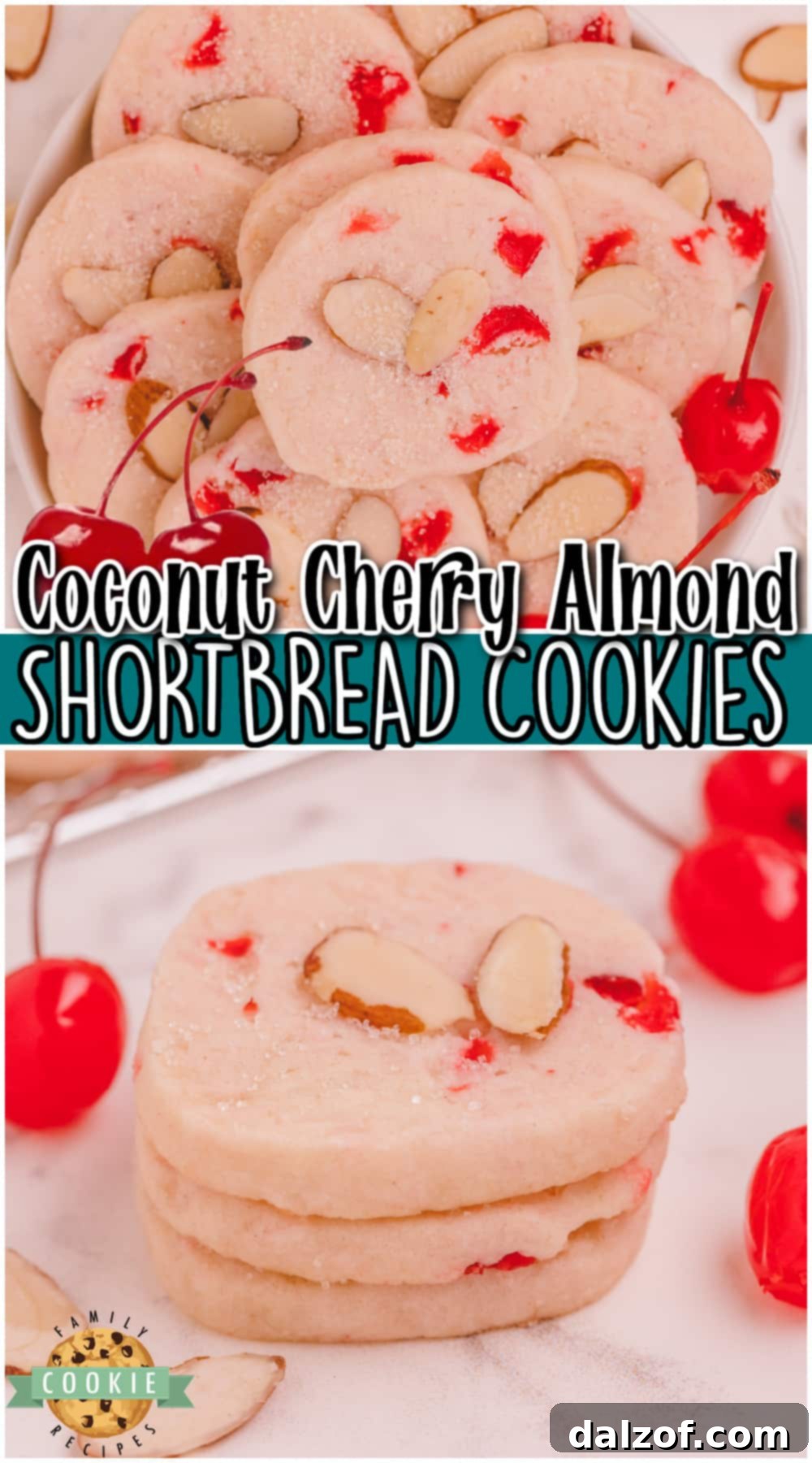 Coconut Almond Cherry Shortbread Cookies are tender, buttery cookies with lovely cherry flavor! This recipe for almond shortbread cookies is made with juicy cherries, coconut & sliced almonds.