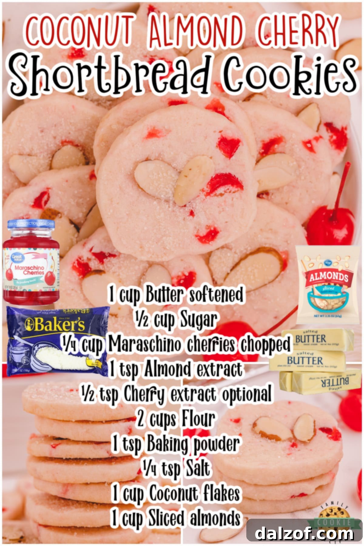 Coconut Almond Cherry Shortbread Cookies are tender, buttery cookies with lovely cherry flavor! This recipe for almond shortbread cookies is made with juicy cherries, coconut & sliced almonds.