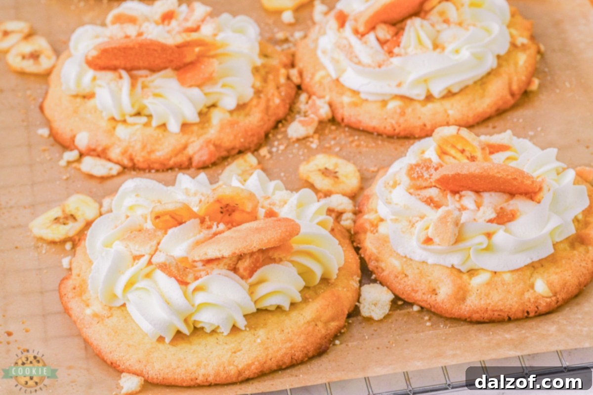 banana cream cookies topped with Nilla wafers, a close-up shot