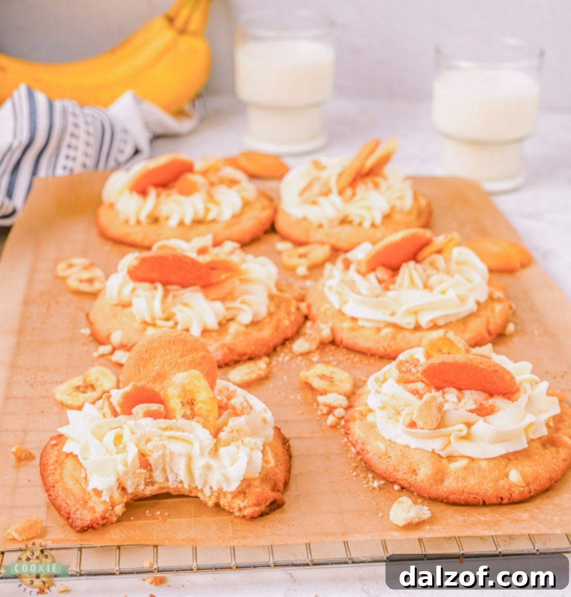 jumbo banana cream cookies frosted and garnished