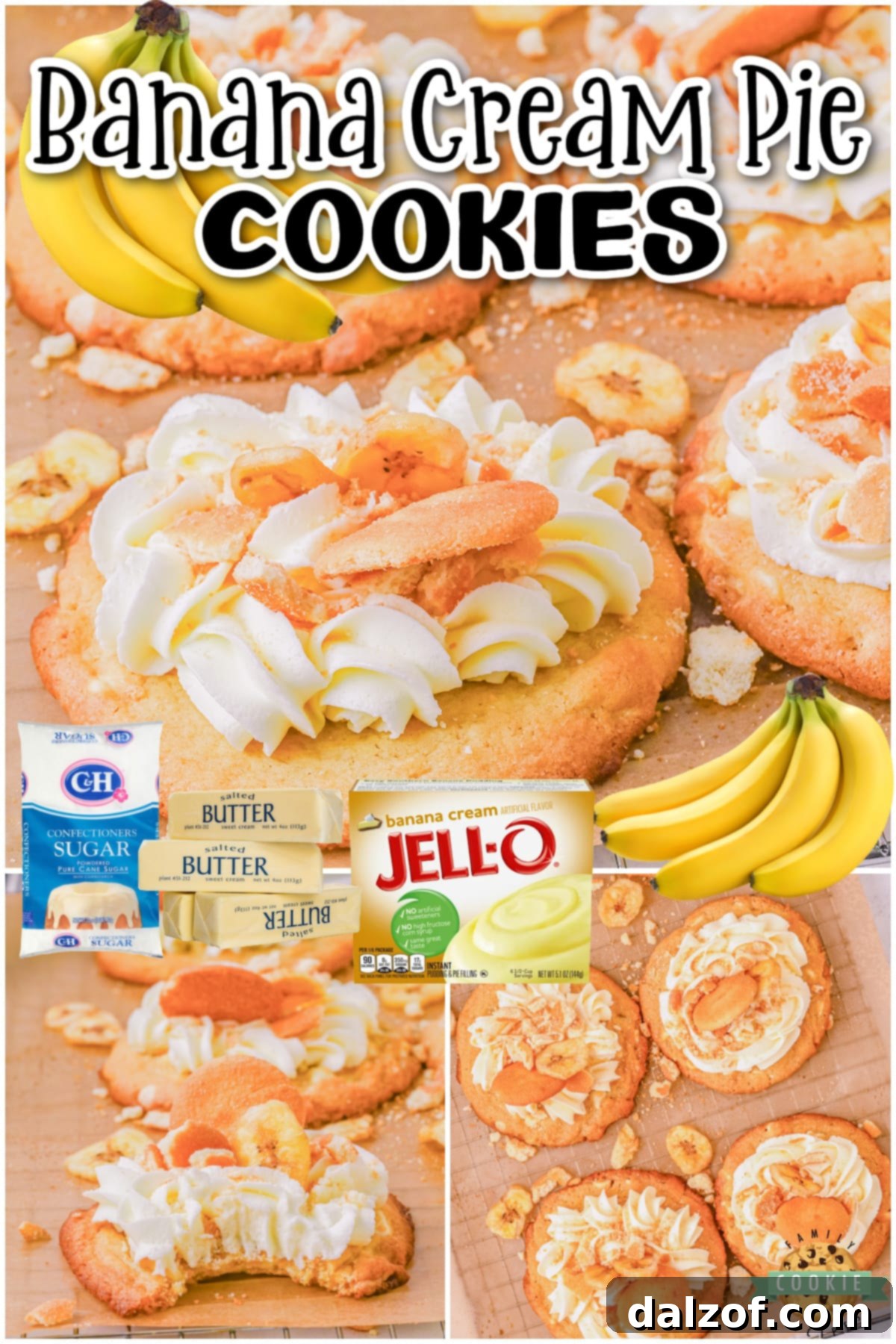 Banana Cream Cookies made with banana pudding, Nilla wafers & buttercream frosting. This banana cookie recipe is a fun twist on the classic banana cream pie!