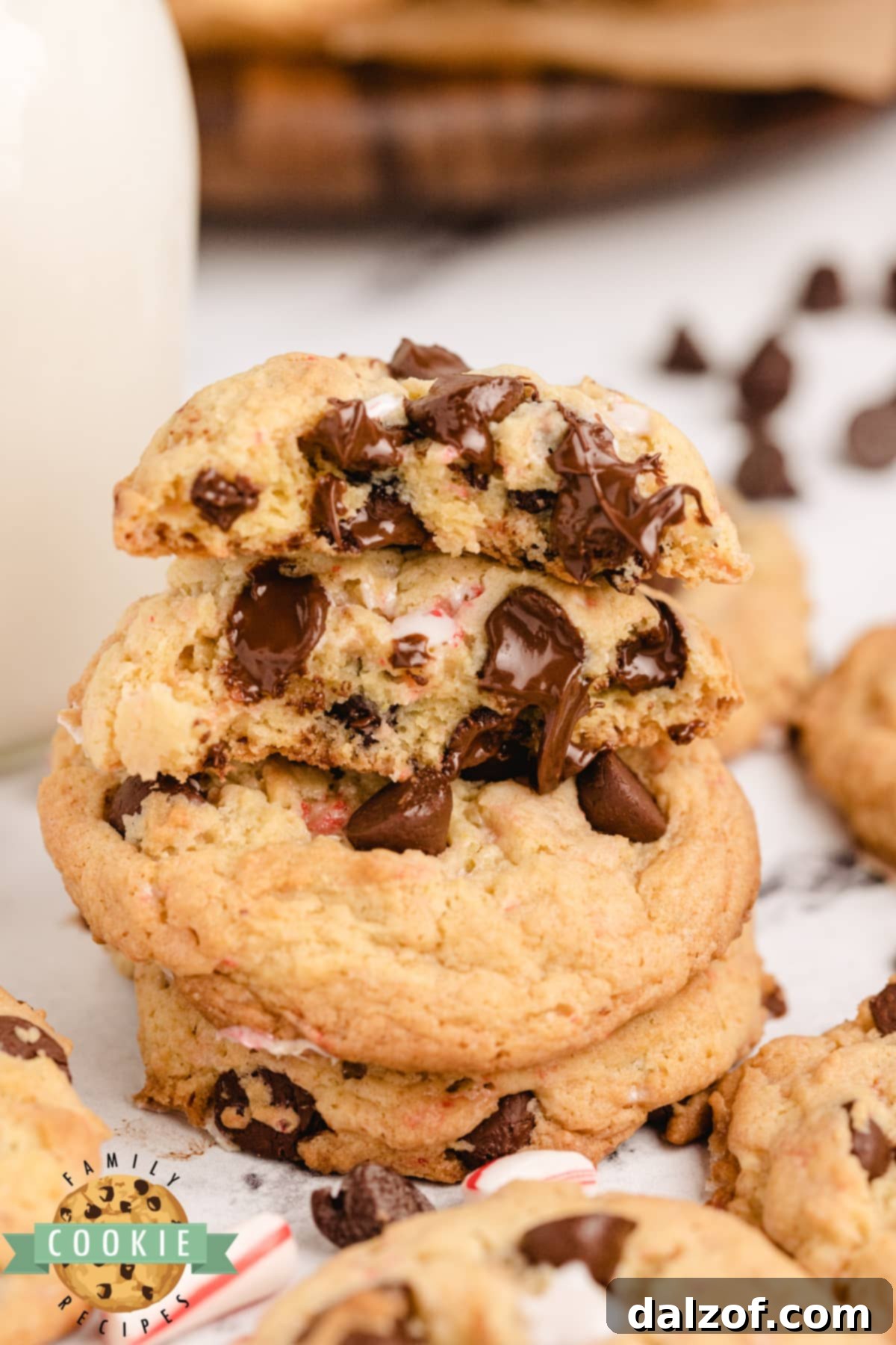 Chocolate chip cookies with chunks of peppermint