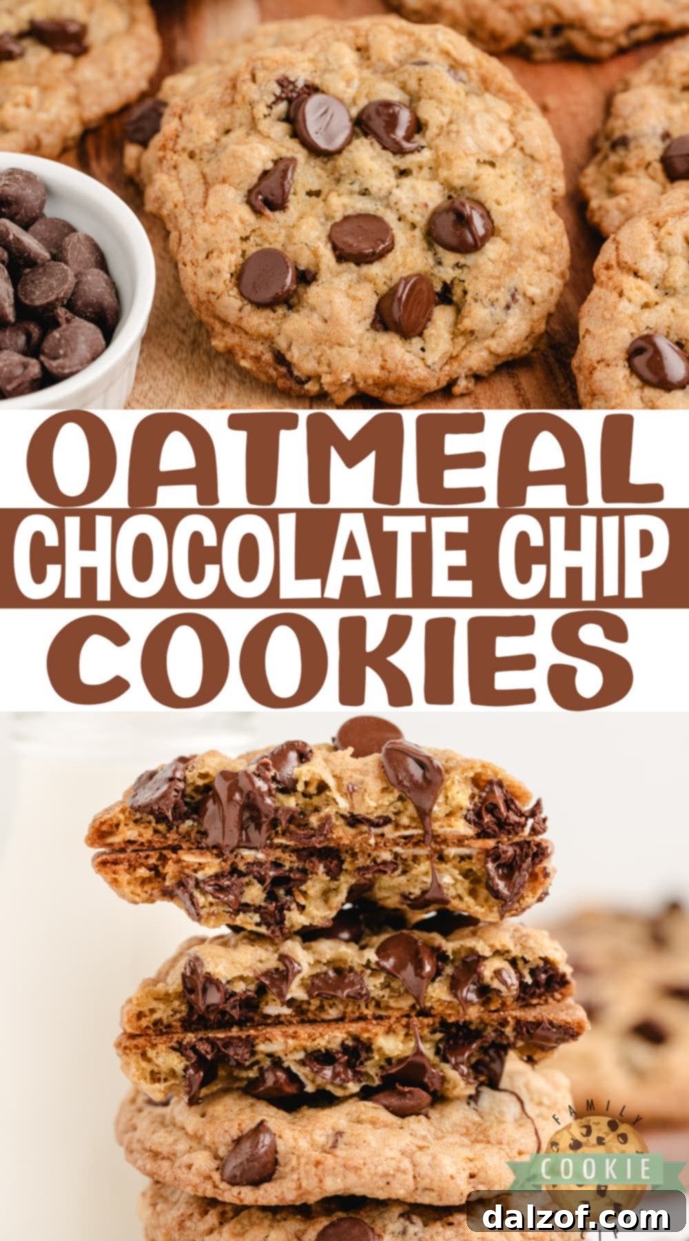 Close-up of a stack of perfect Oatmeal Chocolate Chip Cookies on a white plate, emphasizing their appealing texture.