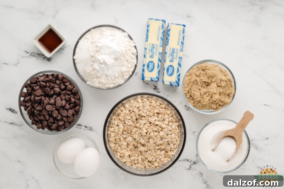 Essential ingredients for baking delicious Oatmeal Chocolate Chip Cookies.