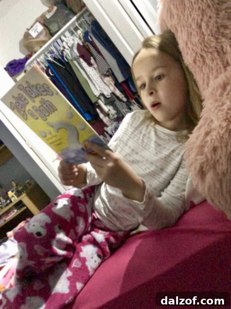 A young girl joyfully reading a book, captured in a heartwarming everyday moment.