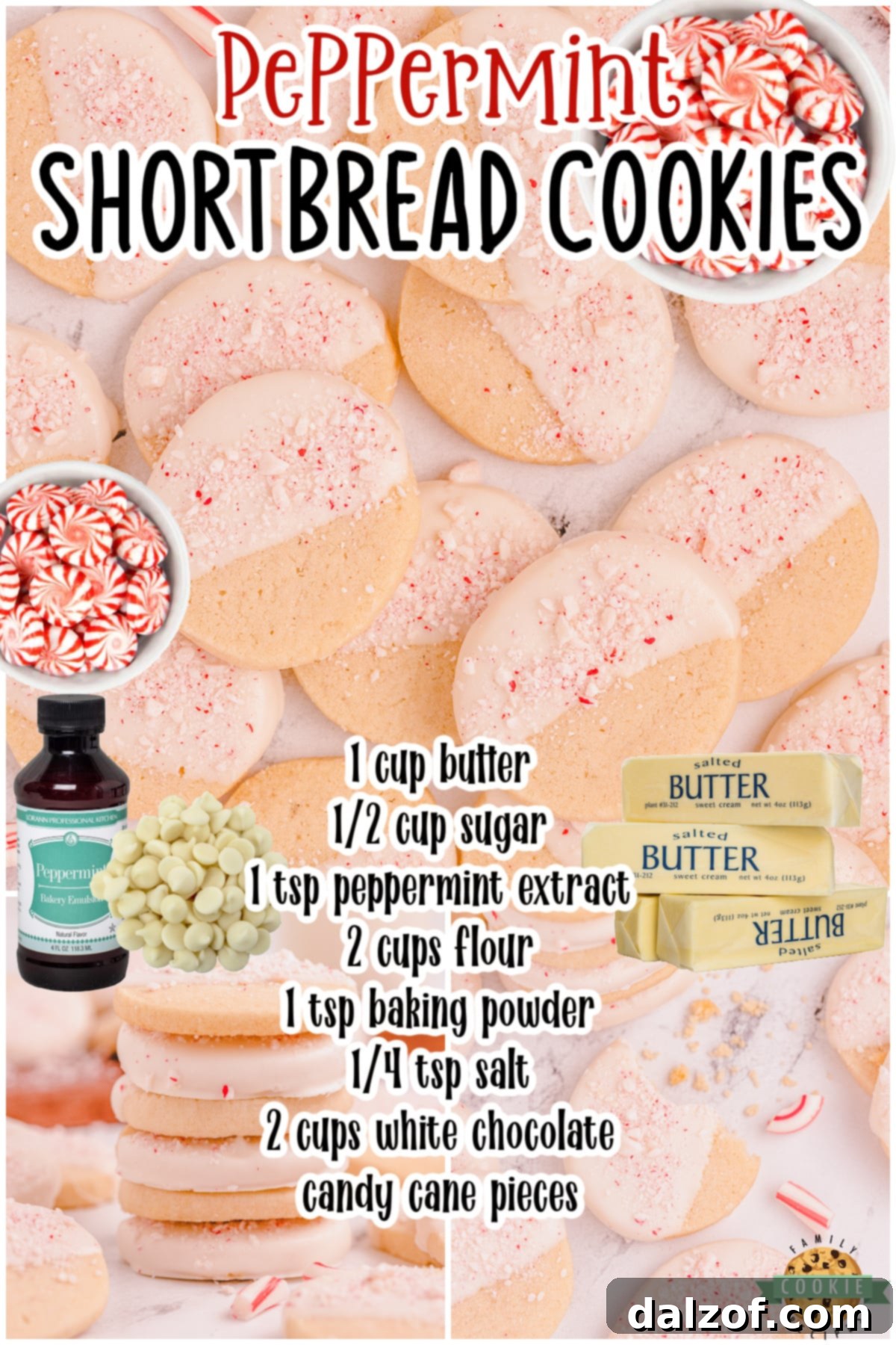 Peppermint shortbread cookies are festive buttery cookies topped with white chocolate & candy cane pieces! Shortbread cookies perfect for Christmas!