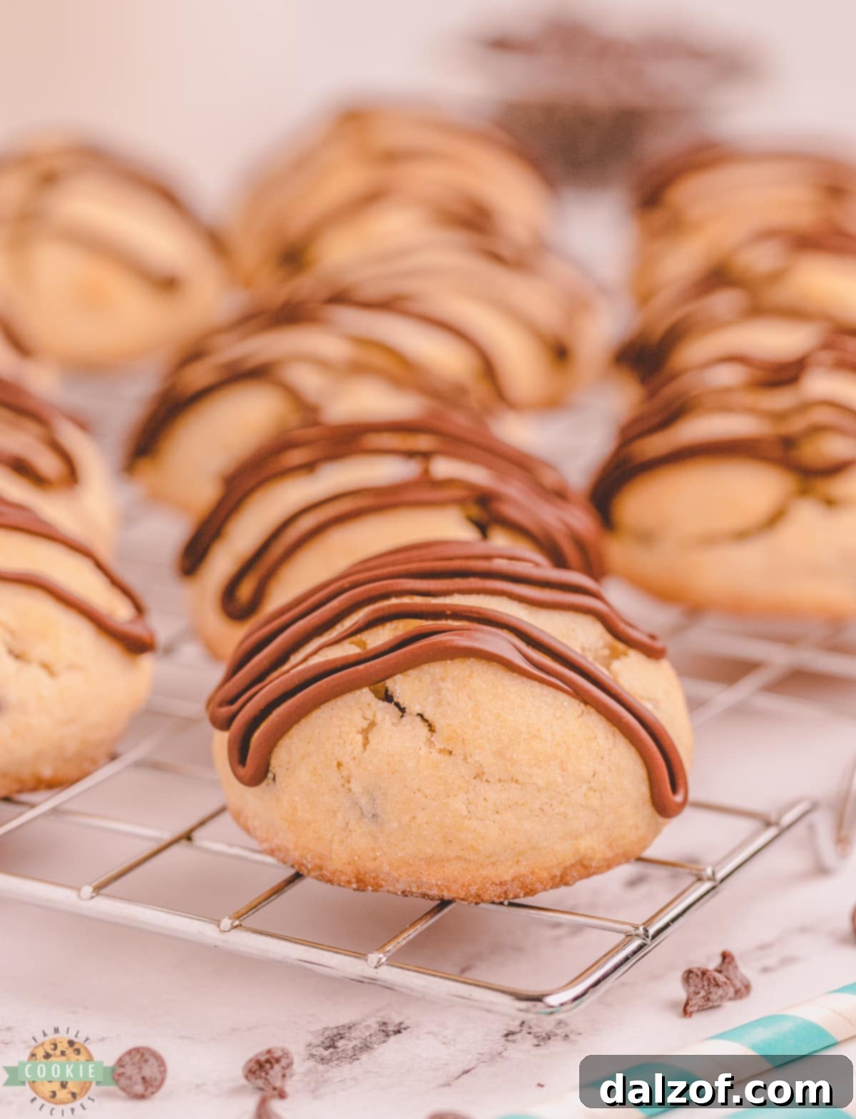 chocolate drizzle on top of a scone cookie