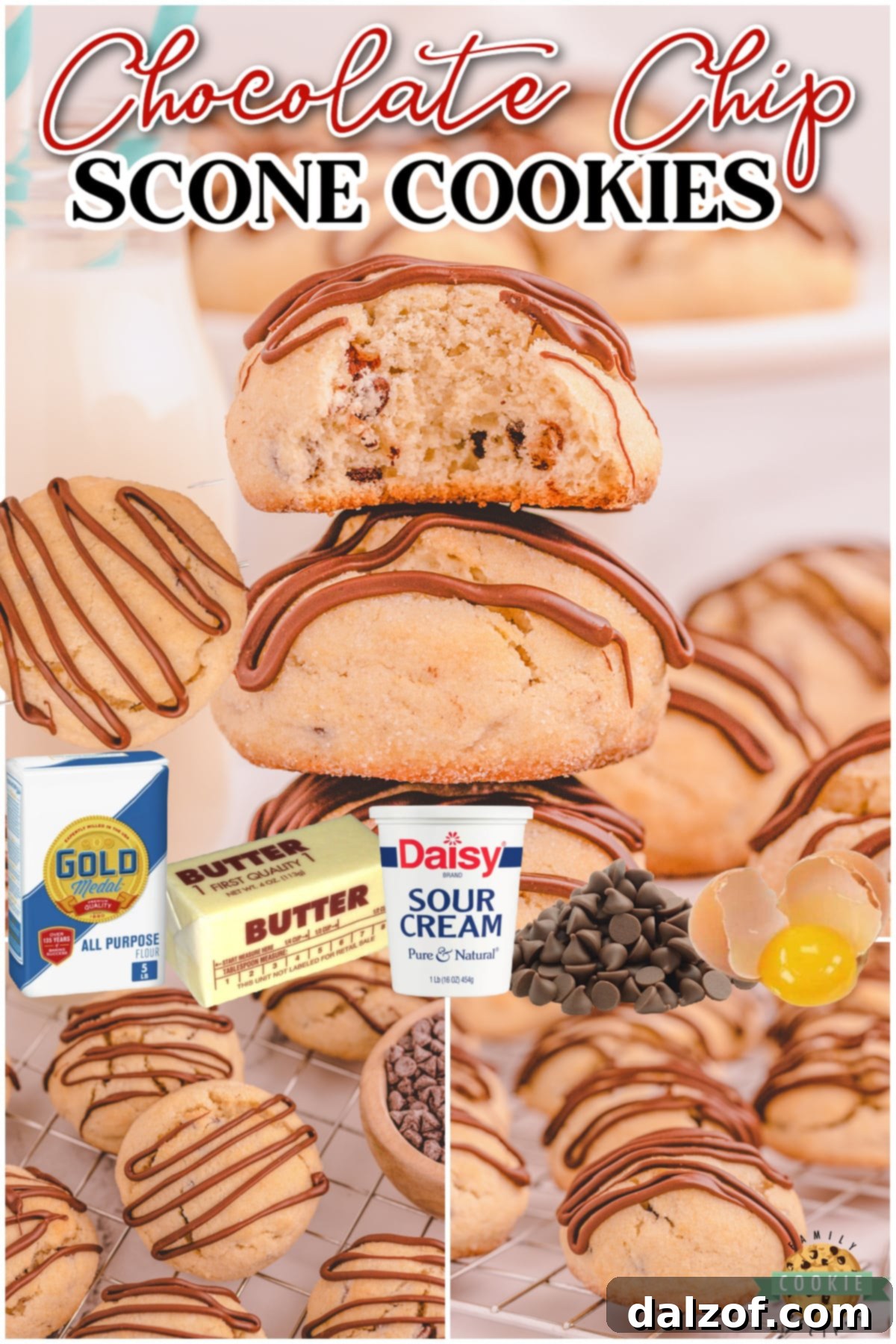 Chocolate Chip Scookies are cookies meets scones in a wonderful blend of soft dough and sweet chocolate drizzle! Tender, buttery scone-like cookies loaded with chocolate chips!