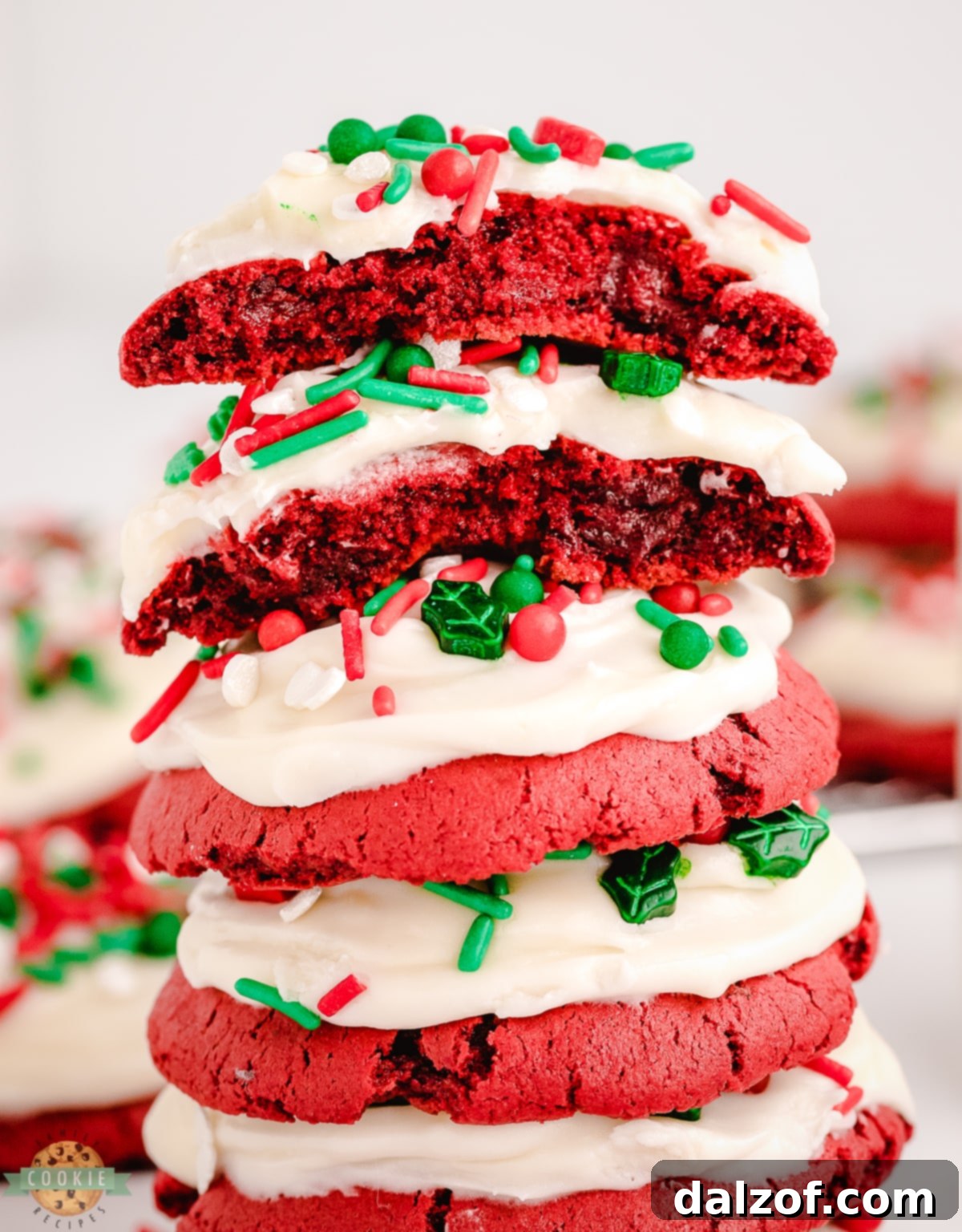 stack of red velvet Christmas cookies