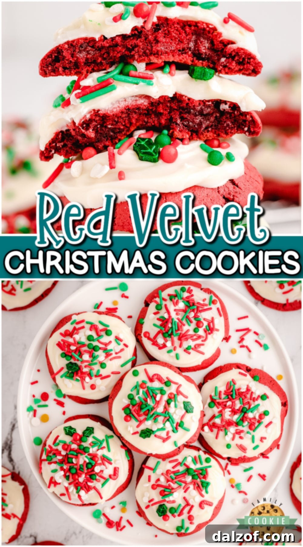 Red Velvet Christmas cookies with the festive red color, rich chocolate taste & cream cheese icing on top, these cookies are sure to be holiday favorites!