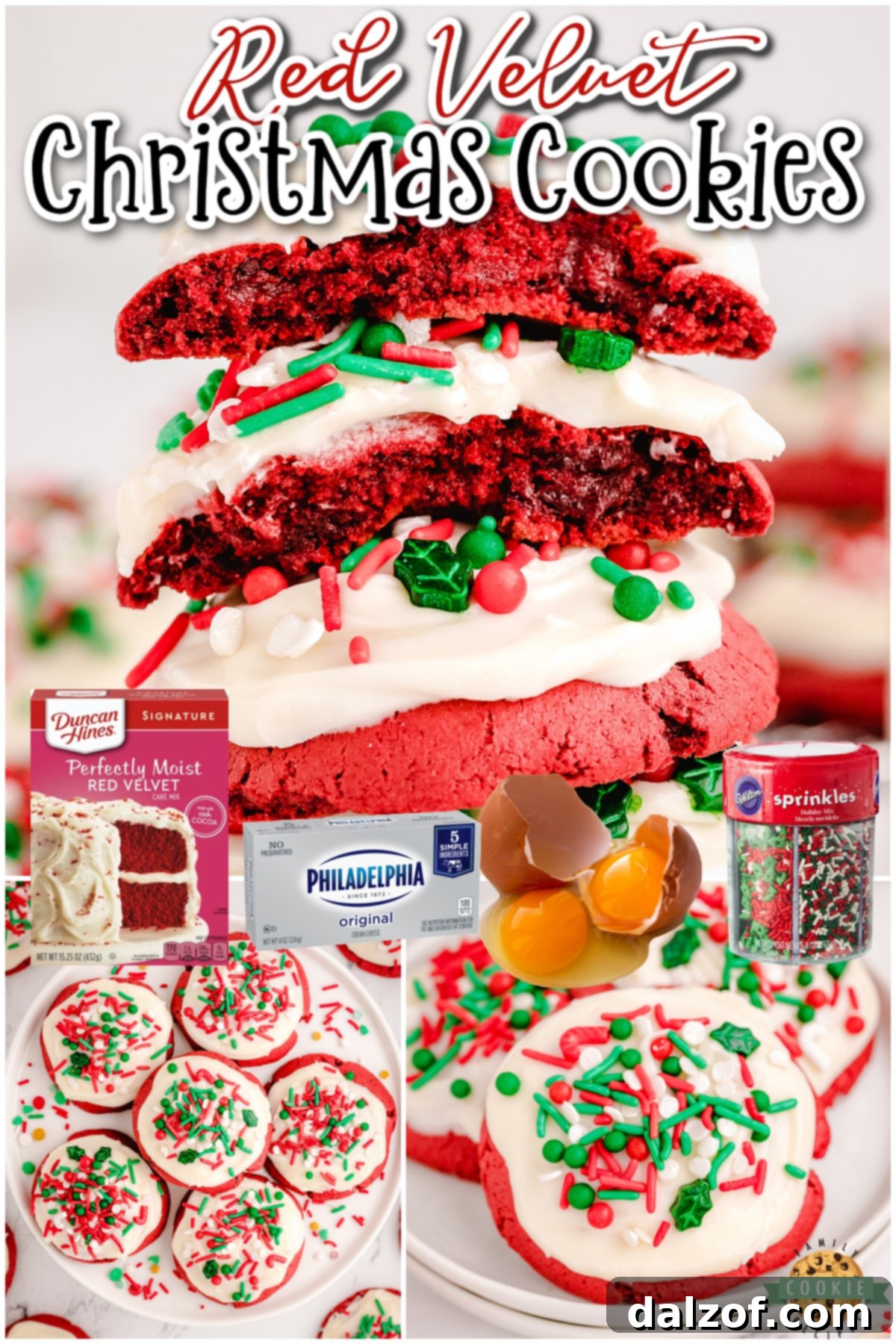 Red Velvet Christmas cookies with the festive red color, rich chocolate taste & cream cheese icing on top, these cookies are sure to be holiday favorites!