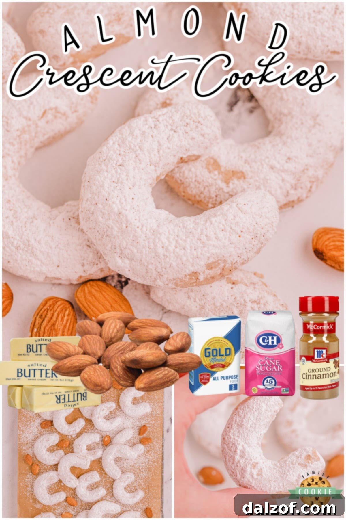 Almond cinnamon crescent cookies are classic buttery shortbread cookies shaped into crescents & rolled in powdered sugar. Perfect cookies beside a cup of tea in cold winter weather!