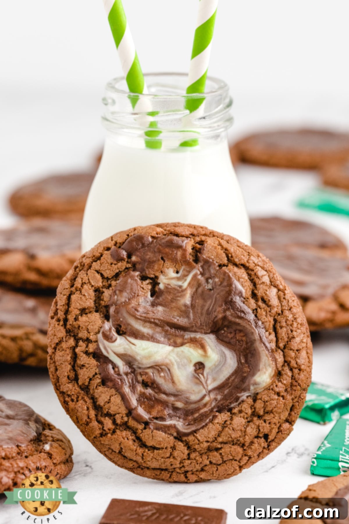 Mint chocolate cookie with a glass of milk