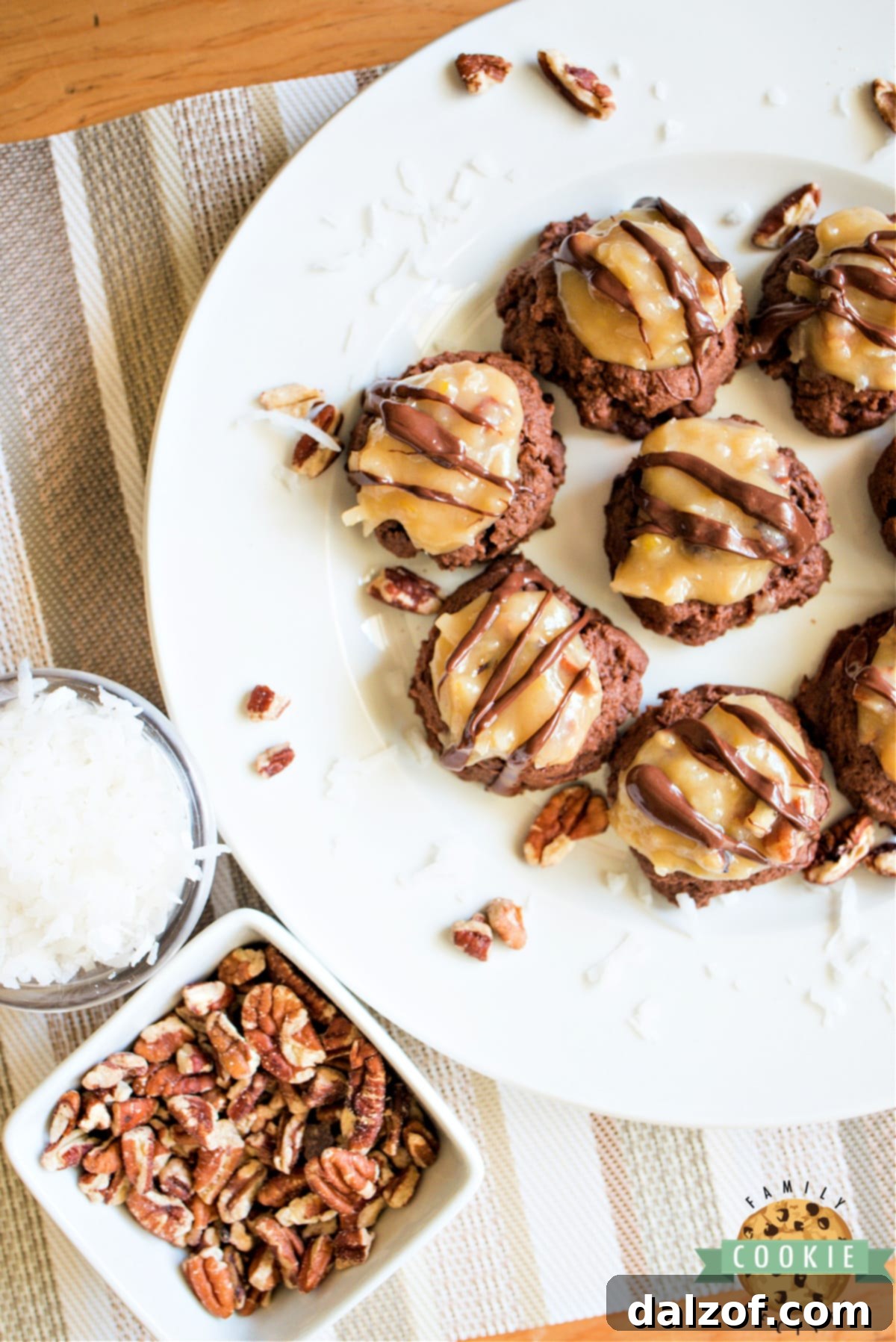 Homemade German Chocolate Cookies with coconut pecan topping and chocolate drizzle