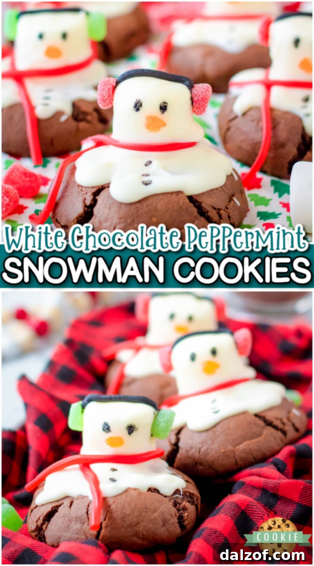 Peppermint snowman cookies are a festive wintery treat! Chocolate cookies stuffed with peppermint patties & decorated with a candy-covered snowman. These cookies are almost too cute to eat!