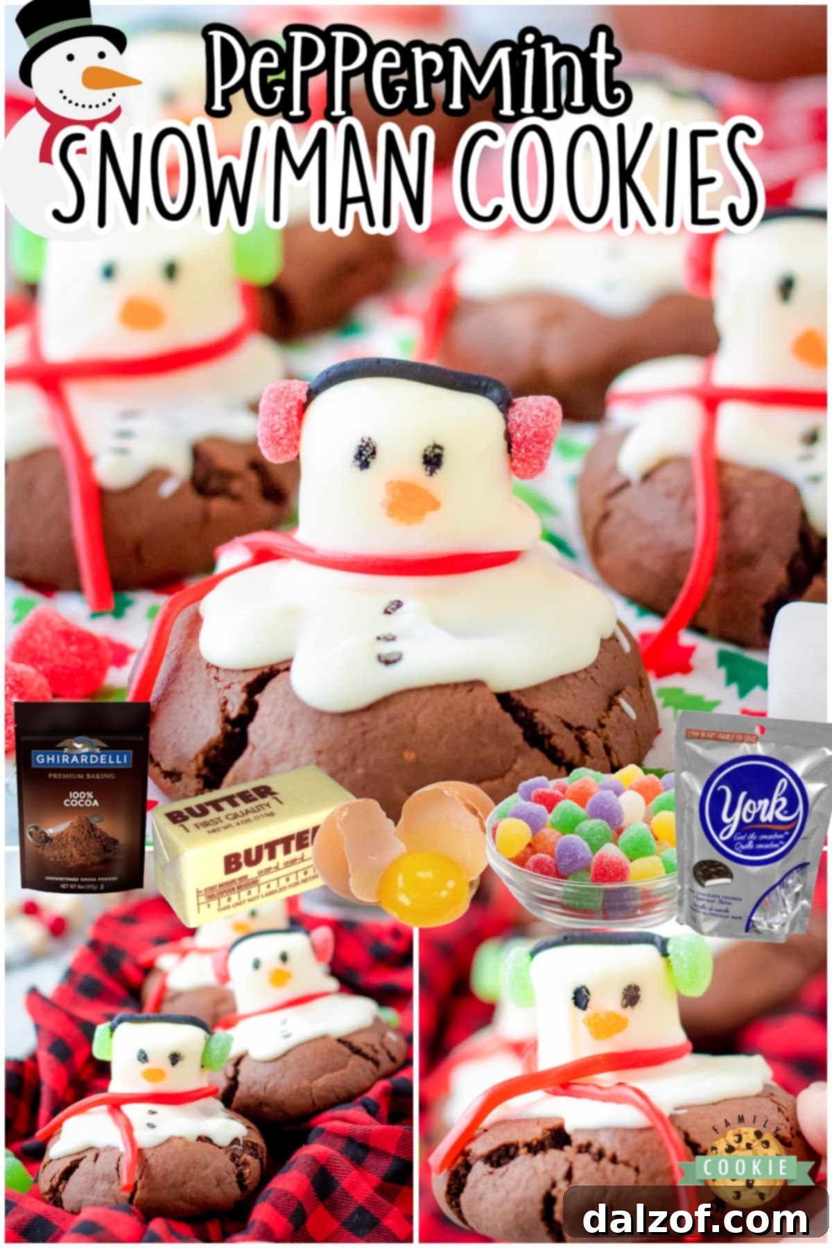 Peppermint snowman cookies are a festive wintery treat! Chocolate cookies stuffed with peppermint patties & decorated with a candy-covered snowman. These cookies are almost too cute to eat!